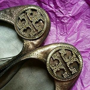 Tory Burch Reva Gunmetal Silver Metallic flats