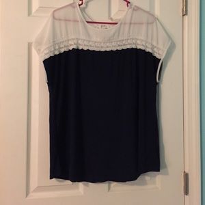 Faith and Joy 2X blue and white blouse
