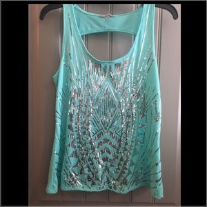 Teal sequin tank top with key hole in back