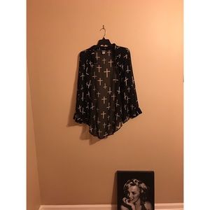 Plus Size Black See Through High Low Cross Shirt.