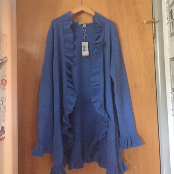 Cute Blue Cashmere Open Cardigan Ruffle Sweater