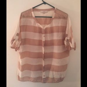 LOFT Brown and White Striped Casual Blouse