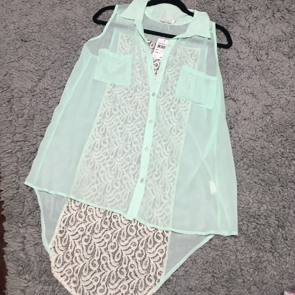 Sleeveless mint crochet button down blouse top
