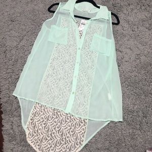 Sleeveless mint crochet button down blouse top
