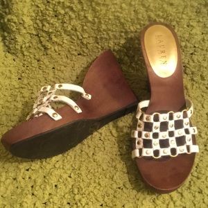 NWOT Ralph Lauren Sexy Strappy Wood Heel Wedge 8.5