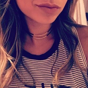 DOUBLE TROUBLE Black Leather Choker with Gold Bars