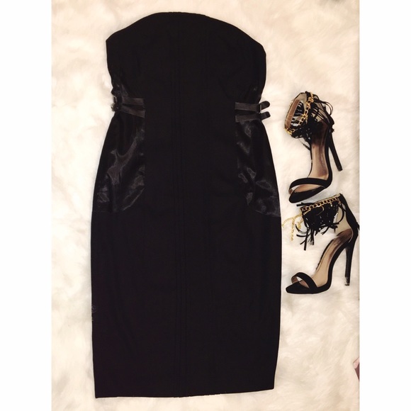 Black strapless midi length dress