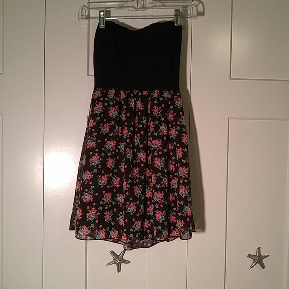 Strapless black/floral dress.