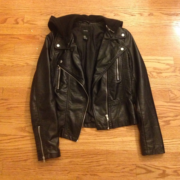 Faux leather jacket with removable hood