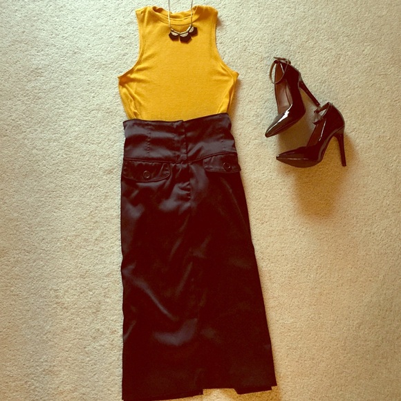 Black Satin Knee Length Pencil Skirt