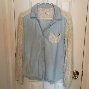 Lace denim long sleeve button up