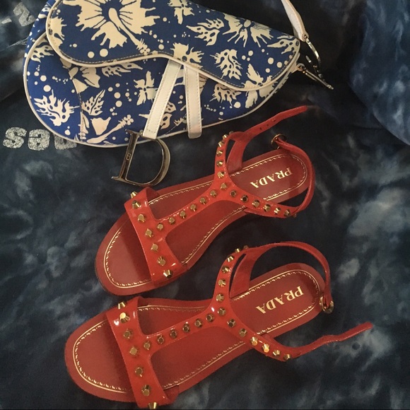 Prada Shoes - Red patent Prada sandals with gold hardware 39