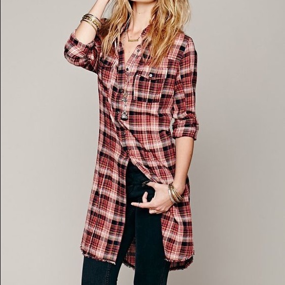 Free People Long Plaid Button Down