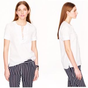 Sz 0 white JCrew lace up sateen short sleeve shirt