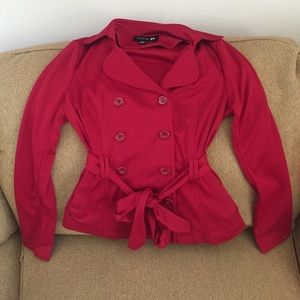 Red collared pea coat with matching belt