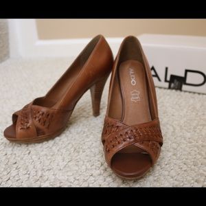 Aldo Brown Leather Peep Toe Pumps