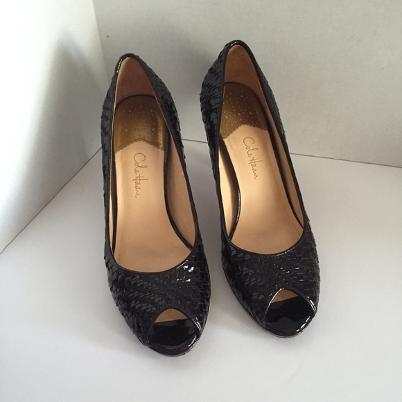 Cole Haan woven patent leather peep toe heels