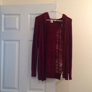 Red cardigan with hood