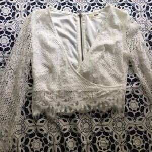 LF Rumor Boutique Log Sleeve Lace Crop Top-Size S