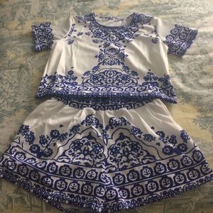 Blue/White Crop Top Matching Shorts Set