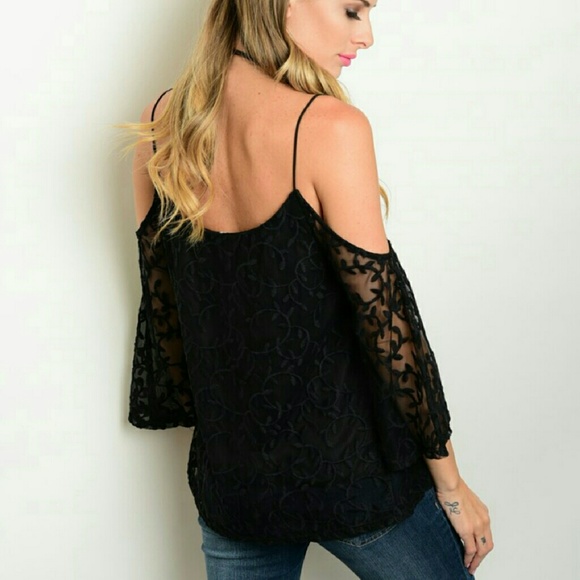 Black cold shoulder sexy blouse sheer sleeves - Picture 2 of 2