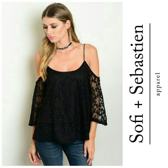 Boutique  Tops - Black cold shoulder sexy blouse sheer sleeves