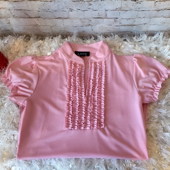 A. Byer Stretch Knit Ruffle Trim Short Sleeve Top
