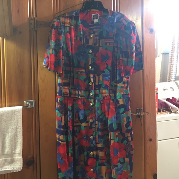 Multi color dress with gathered waist.