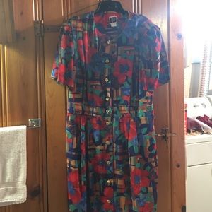 Multi color dress with gathered waist.