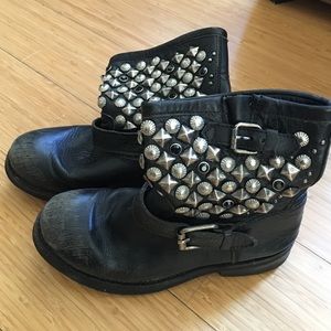 Ash distressed leather studded moto boots