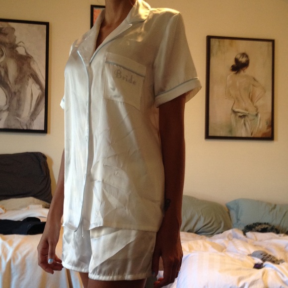 Silk BRIDE PJ set -- shorts and button down top