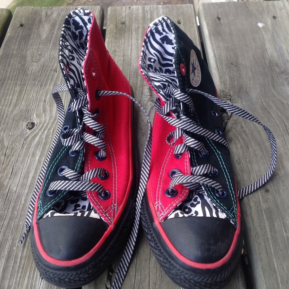 Black, red, and zebra print converse. Size 5