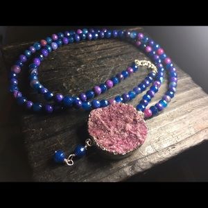 Blue Purple Agate Mix Druzy Pendant Long Necklace