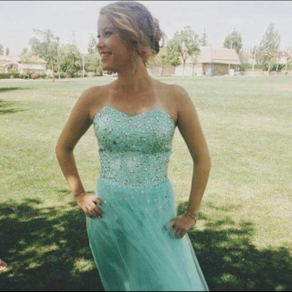 Light blue strapless sparkly long dress - Picture 2 of 2