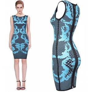 Black bandage dress with teal geometric print