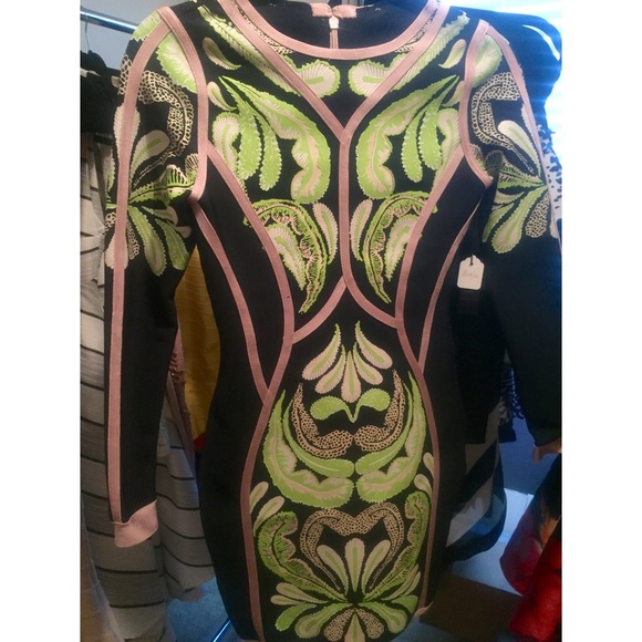 Black bandage dress with tropical print