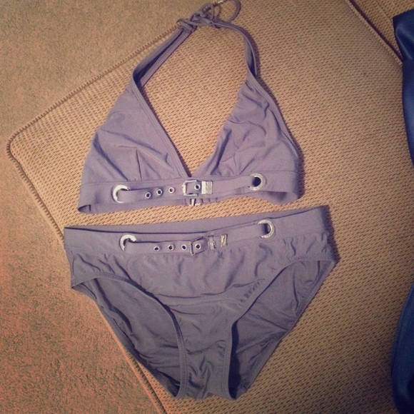 Gray halter bikini with grommets & buckles