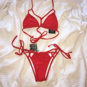 Nasty Gal Red Strappy Cagged Bikini Swim NEW