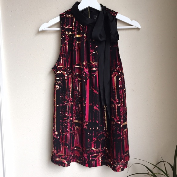 High Neck Bow Gold & Fuchsia Blouse