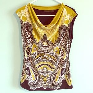 Limited sleeveless cowl neck top, green and navy