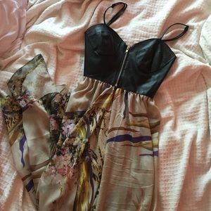 Faux Vegan Leather & Chiffon Maxi Dress Floral SM