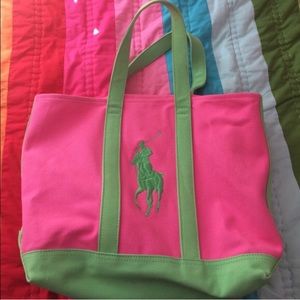 Pink and Green Polo Ralph Lauren Big Pony Tote Bag