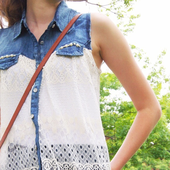 Denim and Lace Contrast Top