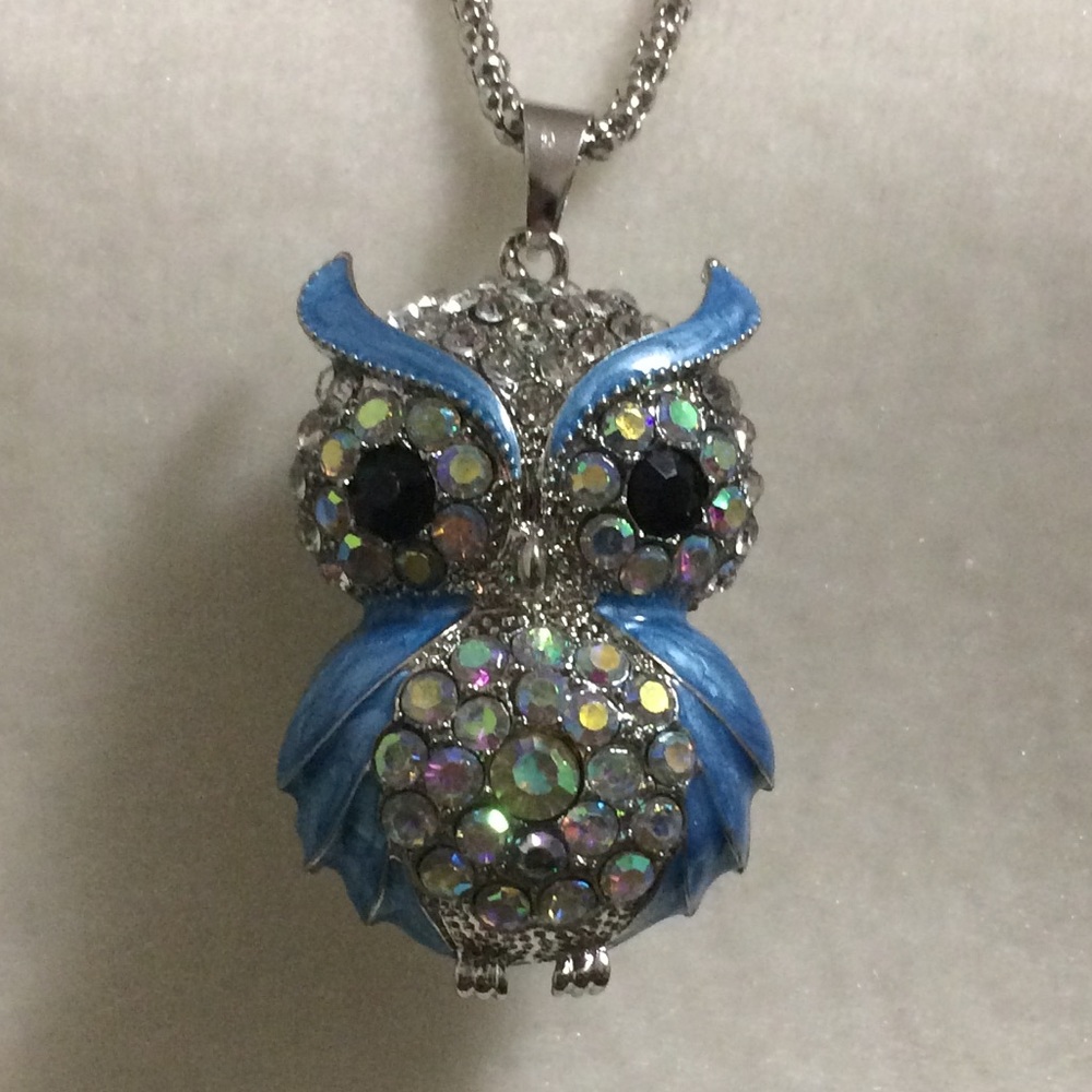 Blue Enamel and Rhinestone Owl necklace