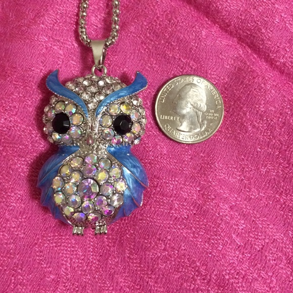 Blue Enamel and Rhinestone Owl necklace - Picture 6 of 8