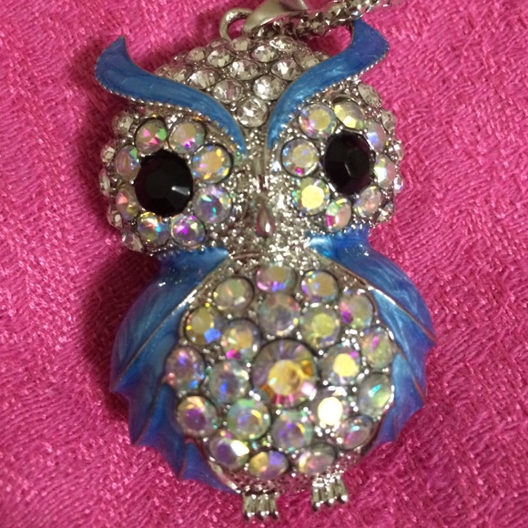 Blue Enamel and Rhinestone Owl necklace - Picture 8 of 8