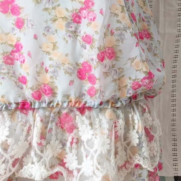 Cumar Blue Floral 2 Piece Ruffle Lace Blouse Top Shirt Size Large - Picture 2 of 4