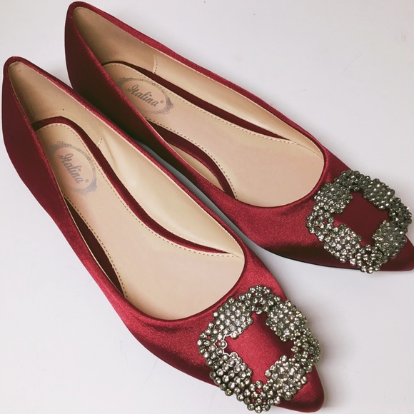 Burgundy Embellished Satin Ballerina Flats - Picture 3 of 5