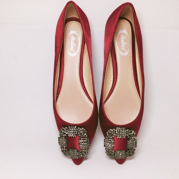 Burgundy Embellished Satin Ballerina Flats - Picture 2 of 5