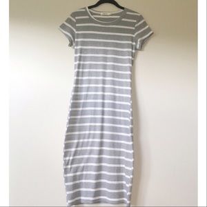 Women's Grey & White Striped Body Con Midi Dress